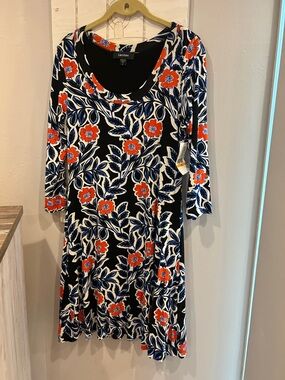 Karen Kane Black Floral Swing Dress with Blue Leaves and Orange Flowers